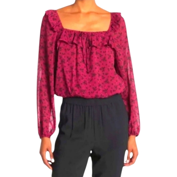 TRIXXI new burgundy & black sheer long sleeve ruffle floral chiffon blouse - Picture 9 of 16